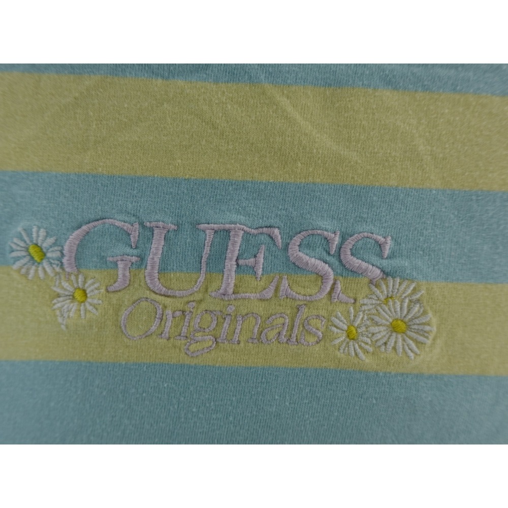Guess Originals Striped T Shirt Yellow Blue Daisy Logo Short Sleeve Mens L - Picture 2 of 8